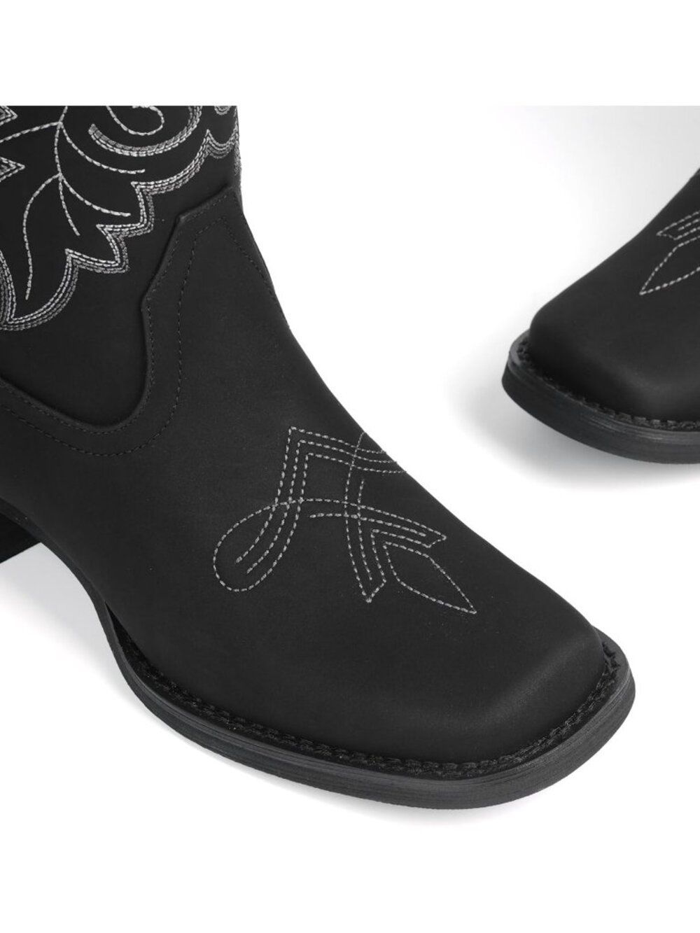 Women's Black Square Toe Mid Calf Low Chunky Heel Classic Retro Cowgirl Boots - Picture 5 of 6